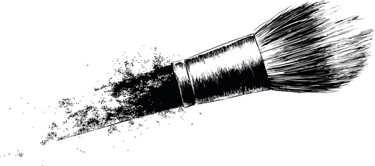 Poster - Black and white illustration of a makeup brush with scattered powder effect. Vector illustration