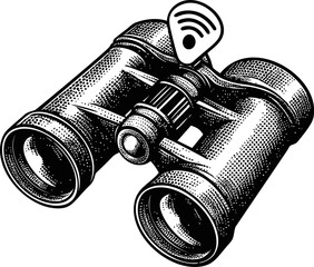 Leinwandbilder - Vintage binoculars with WiFi symbol in black and white sketch style. Vector illustration