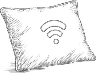Poster - Sketch of a pillow with a wifi symbol, minimalist black and white design. Vector illustration