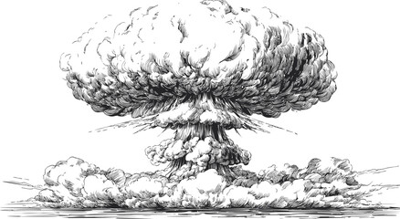Poster - Black and white illustration of a large mushroom cloud explosion. Vector illustration