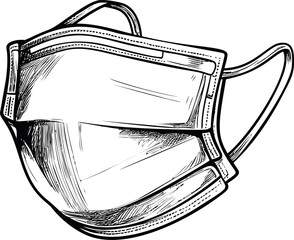 Aufkleber - Black and white sketch of a medical face mask, line art illustration. Vector illustration