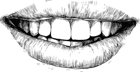 Aufkleber - Detailed black and white sketch of smiling lips and teeth illustration. Vector illustration