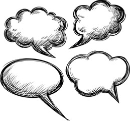 Poster - Hand-drawn sketch of four empty speech bubbles in black and white, graphic design. Vector illustration