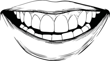 Aufkleber - Illustration of a smiling mouth with teeth detailed in black and white sketch. Vector illustration