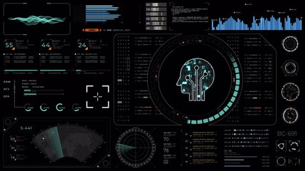 Wall Mural - motion graphic of blue digital robot head with hud ui and futuristic technology abstract background 