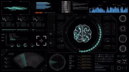 Wall Mural - motion graphic of blue digital brain with head up display (hud ui) and futuristic technology abstrac