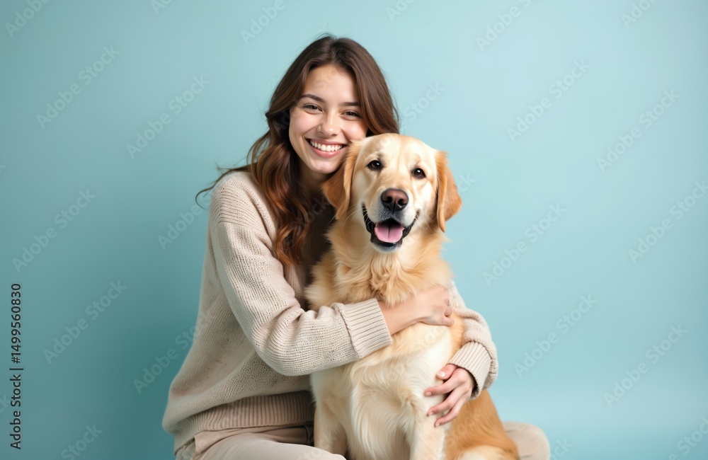 Young smiling woman hugs golden retriever dog, both look at camera ...