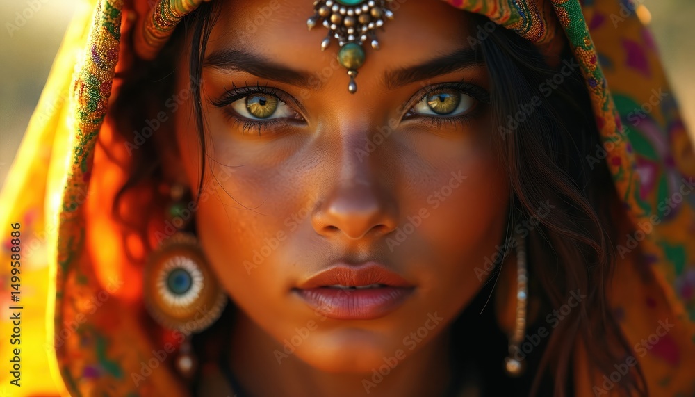 Young woman with enigmatic gaze in traditional adorned beauty. Portrait shows expressive face, intense eye contact. Ethnic jewellery, headscarf, facial features, details. Cultural heritage, fashion