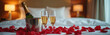© Vadym - Romantic scene with champagne bottle in ice bucket and two glasses on bed covered rose petals. Luxurious hotel room setting ready for celebration date or honeymoon, romantic getaway.
