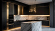 © Made - Luxury contemporary kitchen with matte black cabinets, gold accents, marble island, and pendant lights