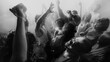 © master1305 - Black and white photo of a lively crowd dancing with hands raised, creating an energetic atmosphere. Concept of party, youth, nightclub, celebration.