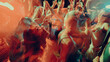 © master1305 - Blurred image of dancing crowd at a vibrant, colorful nightclub party, in a dimly lit, smoke-filled club with vibrant red and orange lighting. Concept of party, youth, nightclub, celebration.