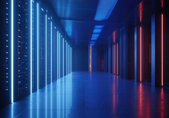 Leinwandbilder - 3D rendering of a futuristic server hallway with glowing blue and red vertical lights, ideal for cybersecurity visuals, cloud infrastructure themes, or tech infrastructure ads