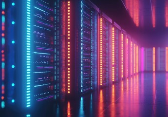 Poster - 3D rendering of a vibrant server room with neon pink, blue, orange, and purple lights, ideal for cloud computing visuals, futuristic infrastructure, or tech branding projects