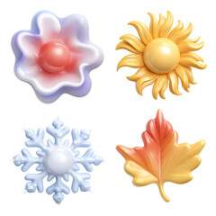 Aufkleber - A collection of four stylized 3D pastel depicting iconic symbols of the four seasons a delicate flower a radiant sun a crystalline snowflake and a vibrant autumn leaf all presented against a clean