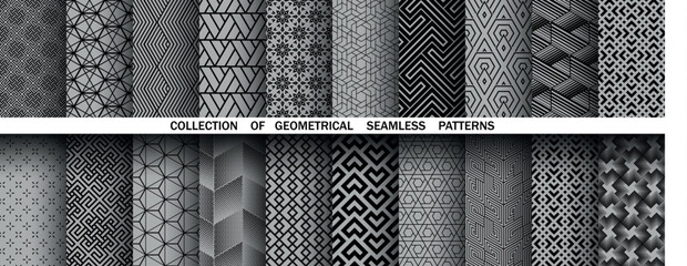 Poster - Geometric set of seamless black and gray patterns. Simple vector graphics