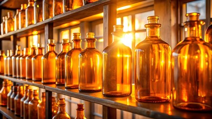 Amber Glass Bottles on Shelves