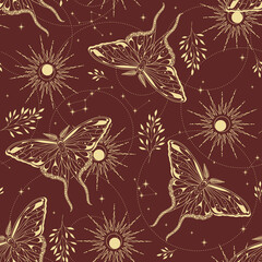 Wall Mural - vector seamless pattern with moon moth and stars. contemporary composition. trendy texture for print