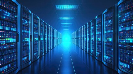 Fototapete - Futuristic data center with illuminated symmetric server racks and radiant blue light at the end of the aisle; perfect for AI systems, cloud computing, and IT infrastructure visuals