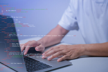 Hands typing on laptop with programming code on screen, representing software development. Perfect for coding, IT solutions, digital technology, web applications.