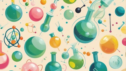 whimsical, colorful, scientific glassware pattern