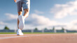 © Govan - Low angle closeup of the feet of a young man running on a stadium track