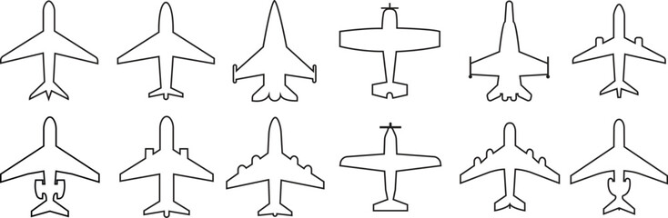 Wall Mural - airplane icon set. aircraft, plane, flight, airline, aeroplane symbol, military fighter jet collecti