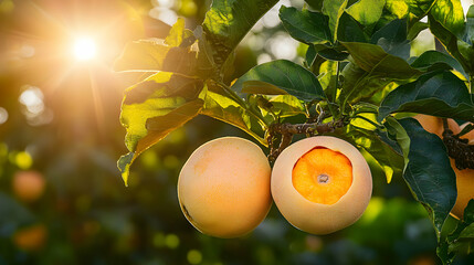 Sunlit ripe apricots hanging on a tree branch, one open revealing its vibrant orange flesh. A picturesque summer harvest scene.