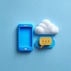 Fototapete - Blue Smartphone with Cloud and Chat Bubble Icon, Minimalist Design for Online Communication Technology