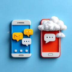 Fototapete - Conceptual Mobile Communication: Cloud Messaging and Traditional Mailbox Icons on Blue Background