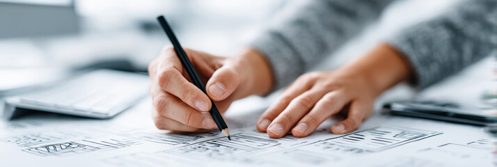 Website Design Sketches Hand Drawn Wireframes - Conceptualizing user interfaces, sketching website layouts, planning design, creating wireframes, and developing prototypes