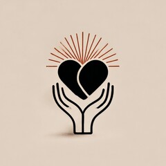 Poster - Hands Holding a Heart with Rays: A Symbol of Love, Care, and Support with a minimalist and modern aesthetic.