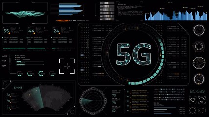 Wall Mural - motion graphic of blue digital 5g letter logo with head up display (hud ui) panel and futuristic tec