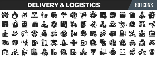 Poster - Delivery and logistics care black icons collection. Big UI icon set in a flat design. Vector illustration EPS10