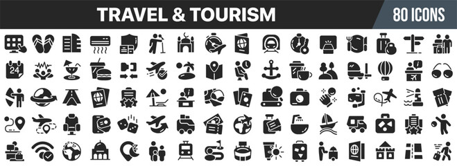 Poster - Travel and tourism care black icons collection. Big UI icon set in a flat design. Vector illustration EPS10