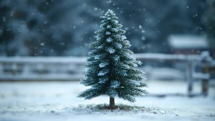 Wall Mural - Tiny snow-dusted Christmas tree in a snowy landscape.  A small, artificial Christmas tree, covered in faux snow, stands in a bed of fresh snow, with a wooden fence