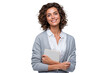© The Stock Guy - Smiling female teacher with curly hair, holding a book and pen, professional or educational setting