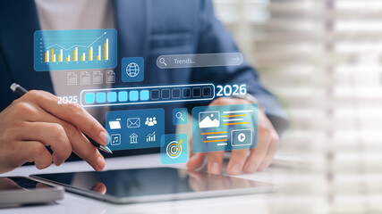 Aufkleber - Digital transformation and marketing innovation trends 2026 visualized futuristic analytics dashboard, business planning insights, performance growth and strategic forecasting via smart technology
