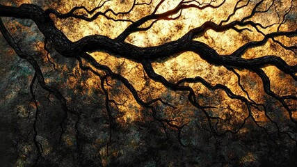 tree branches against a golden light abstract, backlit with intricate texture detail background.