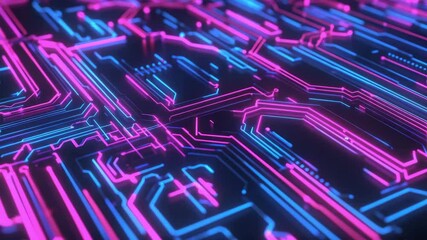 Purple, violet, blue neon background with digital integrated network technology. Printed circuit board. 3D illustration. Circuit board futuristic server code processing. PCB, Code, 