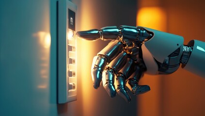 Metallic robot hand presses a light switch