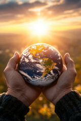 Wall Mural - Hands holding planet earth. Earth Day theme background wallpaper.