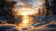 © AshrofS - Serene winter landscape featuring a wooden bridge over a frozen river, with golden sunrise light illuminating snowy trees and sky.