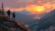 © Mood - Two hikers stand hand-in-hand on mountaintop at sunset, overlooking valley