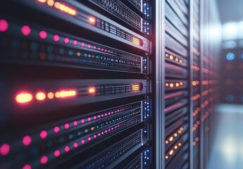 Leinwandbilder - Close-up of high-performance server racks with red and orange LED lights in a modern data center, ideal for cloud storage, IT infrastructure, and tech industry presentations