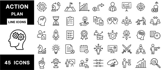 Aufkleber - Action Plan Line Icons Set – Strategy, Planning, Goal Setting, Time Management, Execution, Leadership, Growth, Productivity, Task Management, Success
