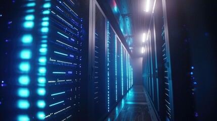 Poster - Modern data center hallway with glowing blue server racks and overhead lighting, ideal for themes involving cloud services, IT infrastructure, and digital innovation systems