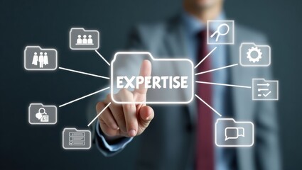 a hand interacts with a digital interface displaying expertise and related concepts.
