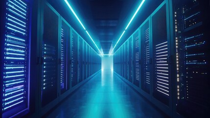 Poster - Symmetrical data center hallway filled with illuminated server racks under vibrant cyan lighting, perfect for cloud service banners, cybersecurity ads, and IT infrastructure visuals