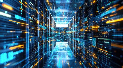 Poster - Abstract high-speed data center corridor with glowing motion blur effects of data flow, ideal for tech innovations, digital transformation visuals, and cloud computing presentations